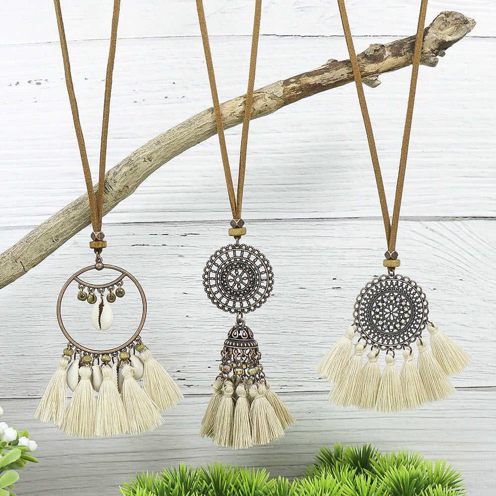 Cross-Border Hot Sale Long HOTan and NEWn Style Necklace Bohemian Style Tassel Flowers Pendant Ethnic Style Retro Necklace Wholesale