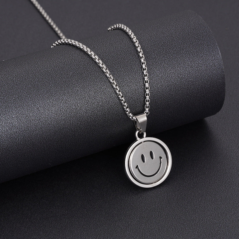 vakkv Titanium Steel Rotating Smiley Necklace Men's Trendy Ins Style Hip Hop Pendant Internet Celebrity Women's Simple Personalized All-Match Crying Face Pendant