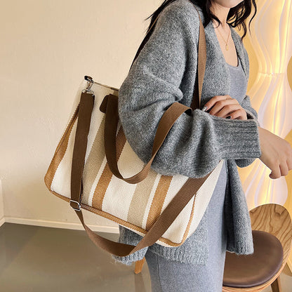 Big Bag for Women  New Fashion Striped Canvas Bag Commuter Portable Tote Bag Fashionable Shoulder Crossbody Mummy Bag