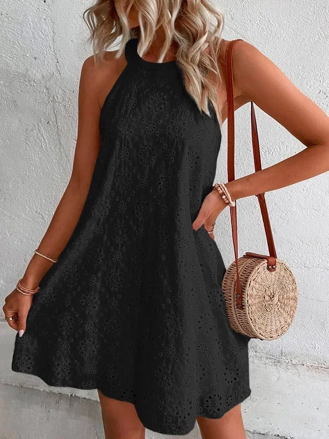 2024 Europe and America Cross Border Hot Trade Summer New Women's Lace Solid Color Sleeveless Button Halter  Dress