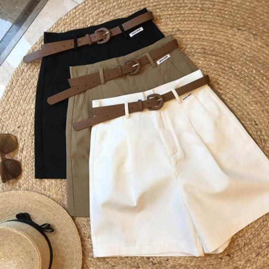 [Belt Attached] Summer Slimming Workwear Shorts Fifth Pants Women's Tight Waist Temperament High Waist Suit Wide Leg Pants Fashion