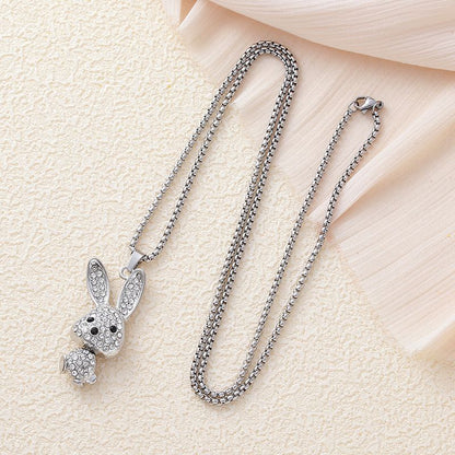 New Trendy Cool Full Diamond Rabbit Necklace Female Ins Hip Hop Cool Pendant All-Matching Long Sweater Chain Factory Wholesale