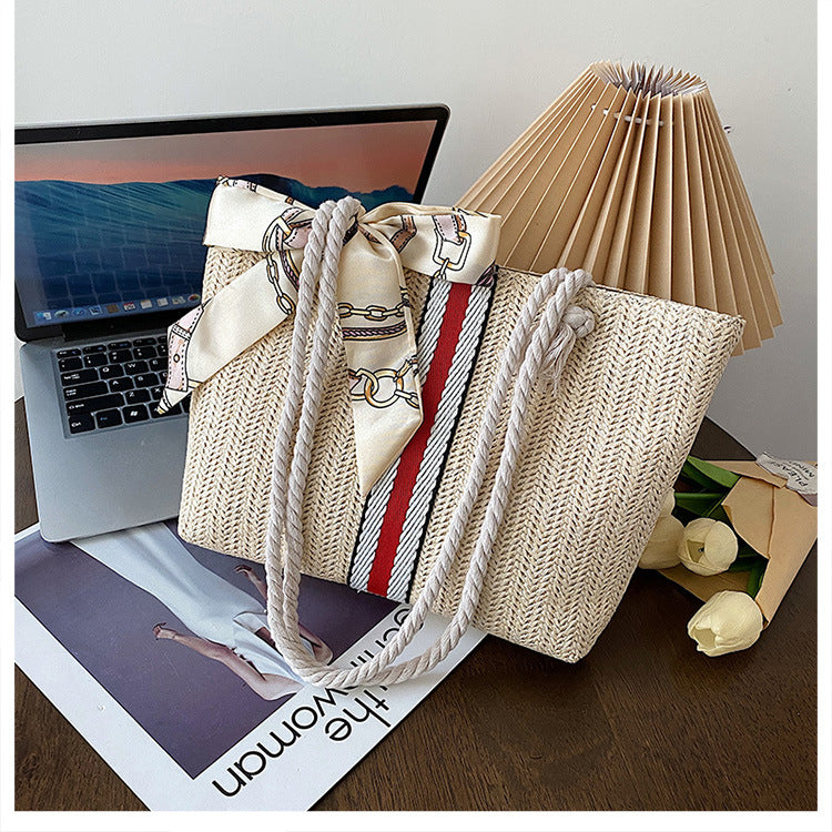 Manufacturer's Self-Produced Women's Bag Cross-Border New Arrival Color Stripes Straw Bag Fashion Cotton String Shoulder Tote Bag Vacation Beach Bag