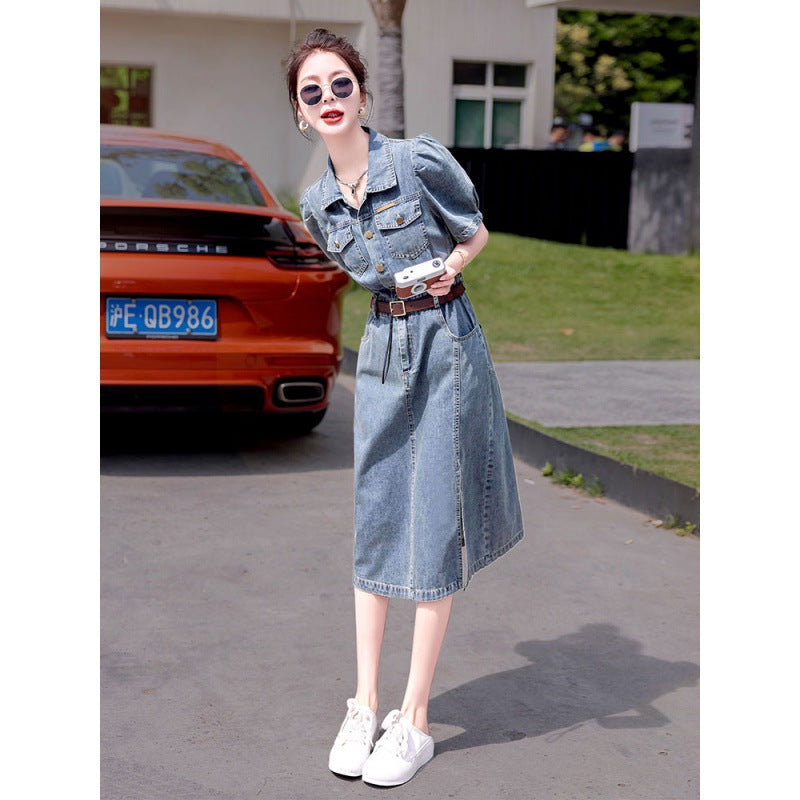 Retro Short Sleeve Soft Denim Dress Female  New Summer Thin Elegant High Sense Petite Skirt