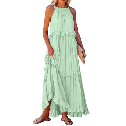 European and American 2024 Summer New Holiday Ruffled Long Dress  Wide Hem Flowy Beach Dress for Women