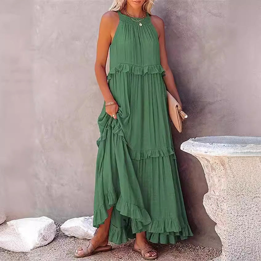 European and American 2024 Summer New Holiday Ruffled Long Dress  Wide Hem Flowy Beach Dress for Women