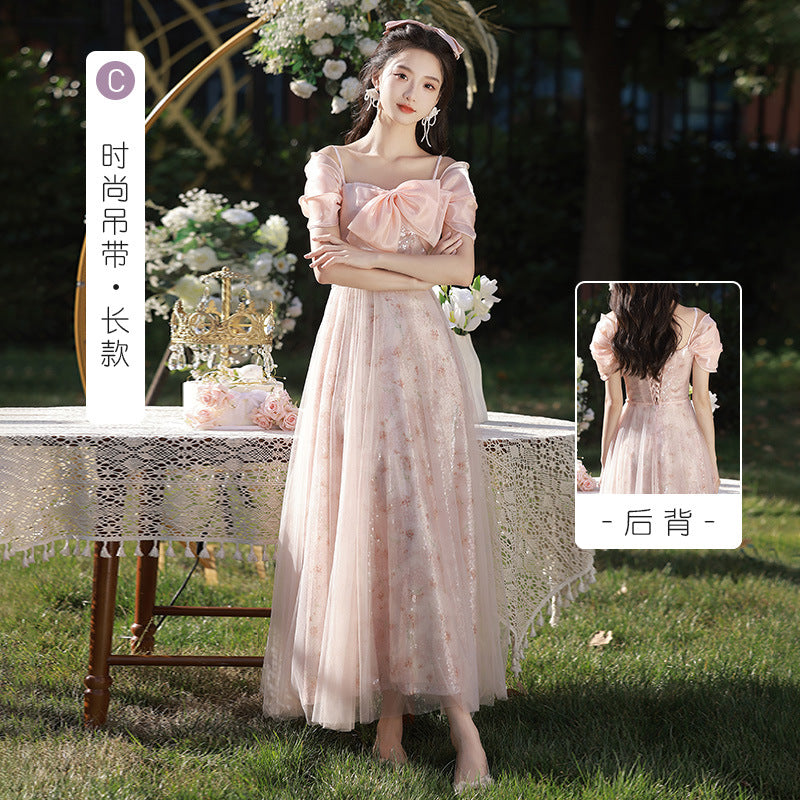 VSKKV Bridesmaid Dress Wedding Daily Style High-Grade Niche Pink Fairy Temperament Small Size Sisters Group Evening Dress for Women