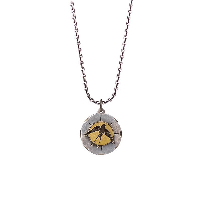 vakkv Retro Original 925 Sterling Silver Swallow Coin Pendant Retro Distressed round Brand Neutral Men's and Women's Necklaces Men's Fashion Gold Wrong