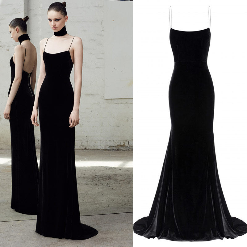 VAKKV Evening Dress for Women Black Camisole Ladies Party Banquet Tube Top Backless Elegant Elegant Host Velvet Dress