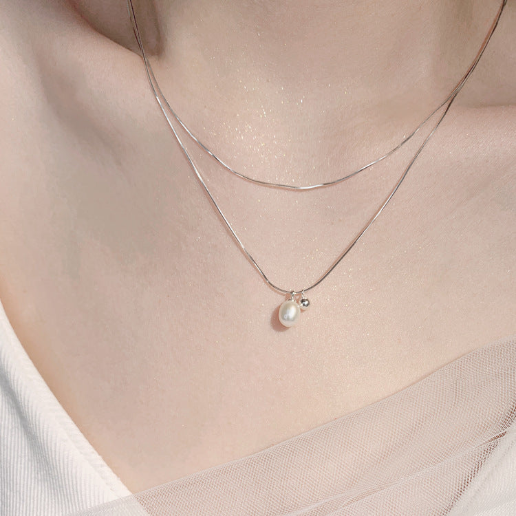 Niche Double-Layer Pearl Necklace Female Korean Simple Ins Cool Style Advanced Twin Design Temperament Snake Bones Chain