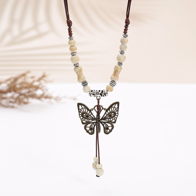 vakkv  Noble Butterfly Ethnic Style Ceramic Long Sweater Chain Women's Ancient Style Ornaments Retro Chinese Style Butterfly Necklace Wholesale