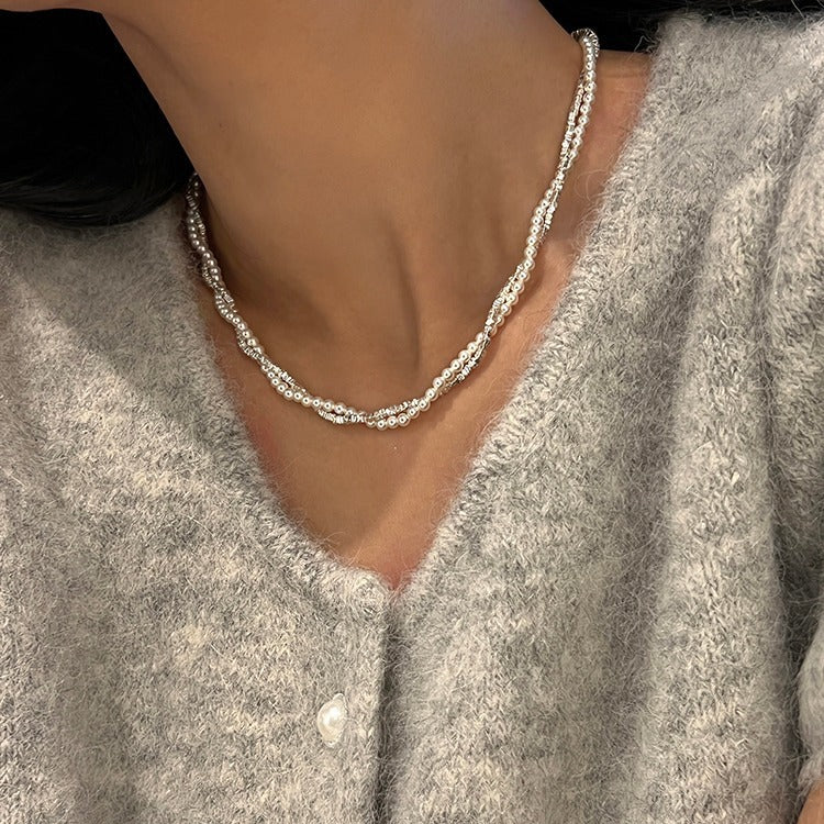 VAKKV Universal Buckle Pendant S925 Sterling Silver Small Pieces of Silver Shijia Strong Light Pearl Double-Layer Necklace Special-Interest Design Clavicle Chain Female