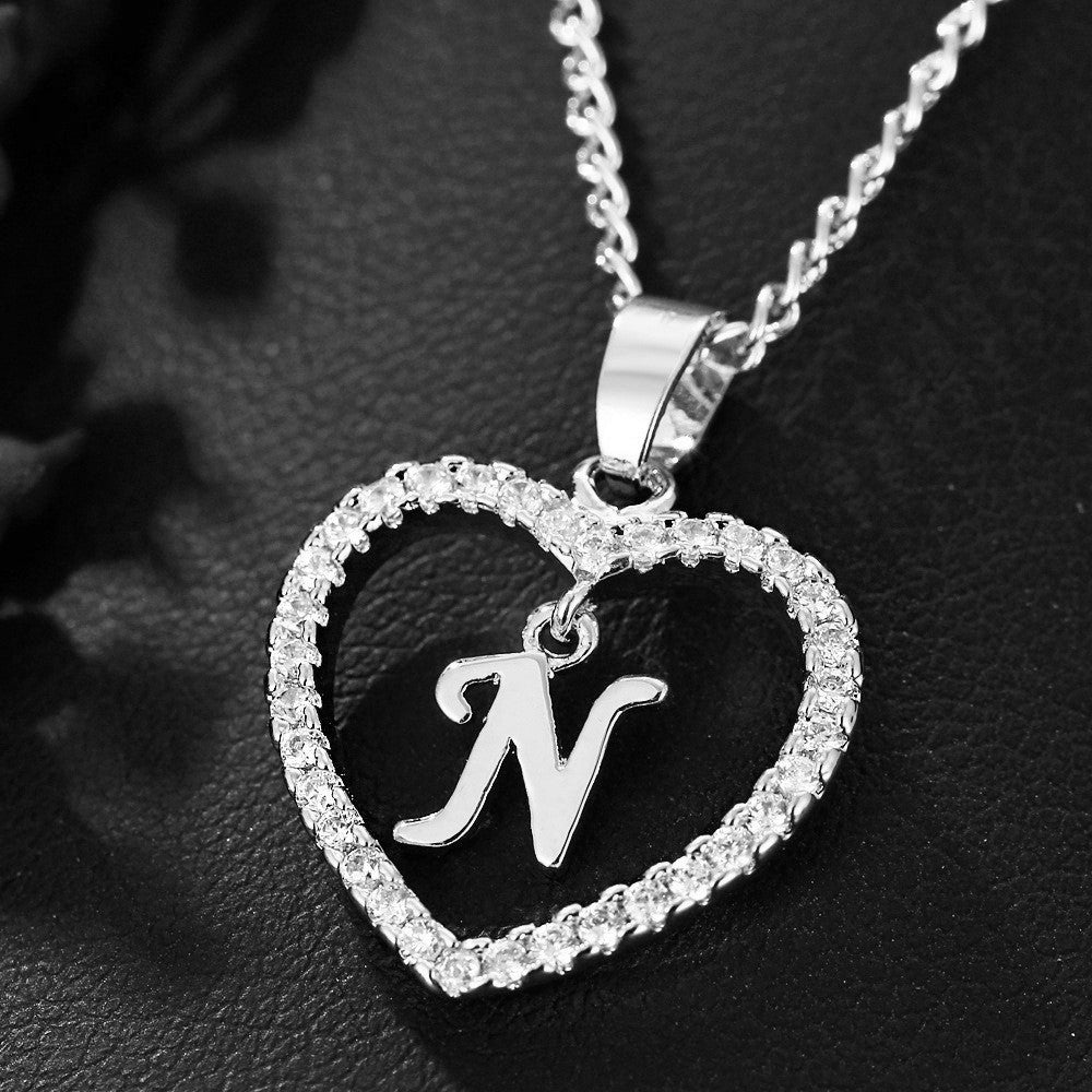 In Stock Direct Selling Exclusive for Cross-Border Letter Necklace 26 Letter Heart-Shaped Zircon Necklace Jewelry Love Heart Pendant Necklace