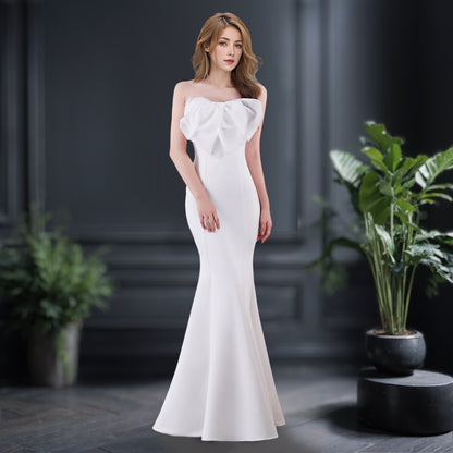 VAKKV Evening Dress for Women High-End Temperament Simple Hepburn Style Banquet Socialite Niche Tube Top Slimming Long Fishtail Dress