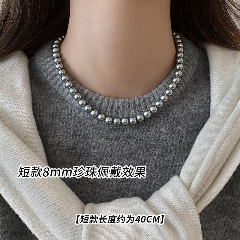 Shijiaao White Magnetic Buckle Perfect Circle Pearl Necklace for Women Autumn and Winter New Sweater Chain Light Luxury Temperament Necklace Wholesale