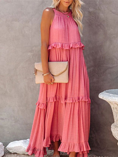 European and American 2024 Summer New Holiday Ruffled Long Dress  Wide Hem Flowy Beach Dress for Women