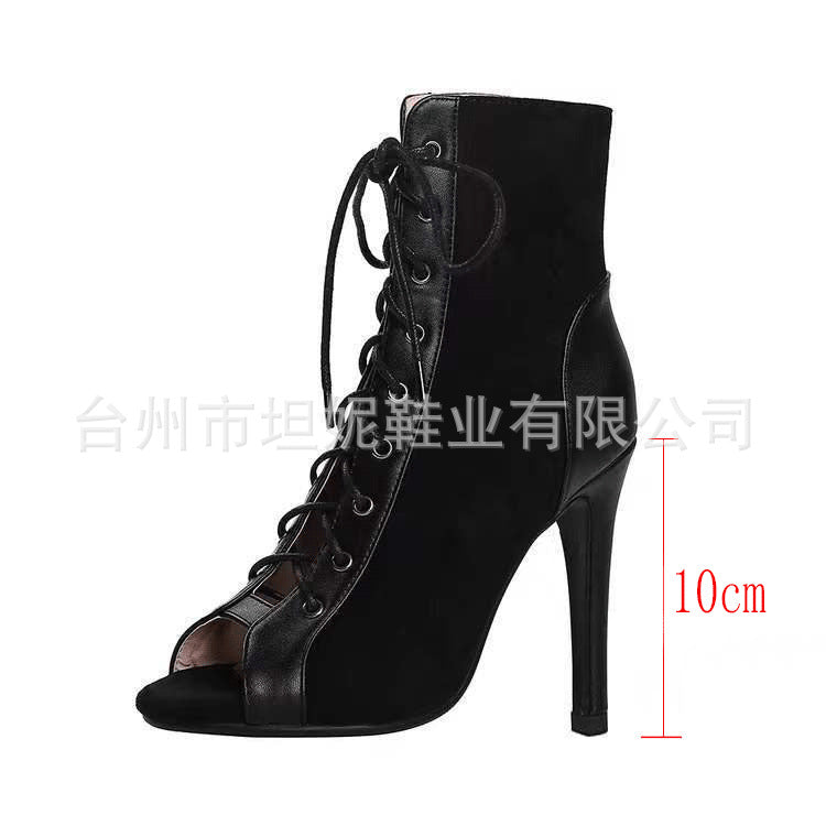 HOTan and NEWn Lace-up Sandal Boots Women's  Summer Hollow-out Ankle Boots Stiletto Heel Dancing Shoes plus Size Open Toe Sandals