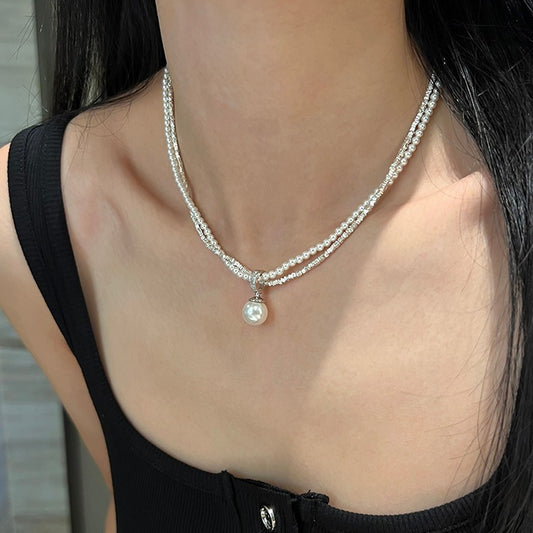 VAKKV Universal Buckle Pendant S925 Sterling Silver Small Pieces of Silver Shijia Strong Light Pearl Double-Layer Necklace Special-Interest Design Clavicle Chain Female