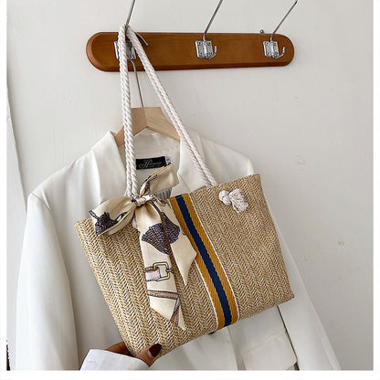 Manufacturer's Self-Produced Women's Bag Cross-Border New Arrival Color Stripes Straw Bag Fashion Cotton String Shoulder Tote Bag Vacation Beach Bag