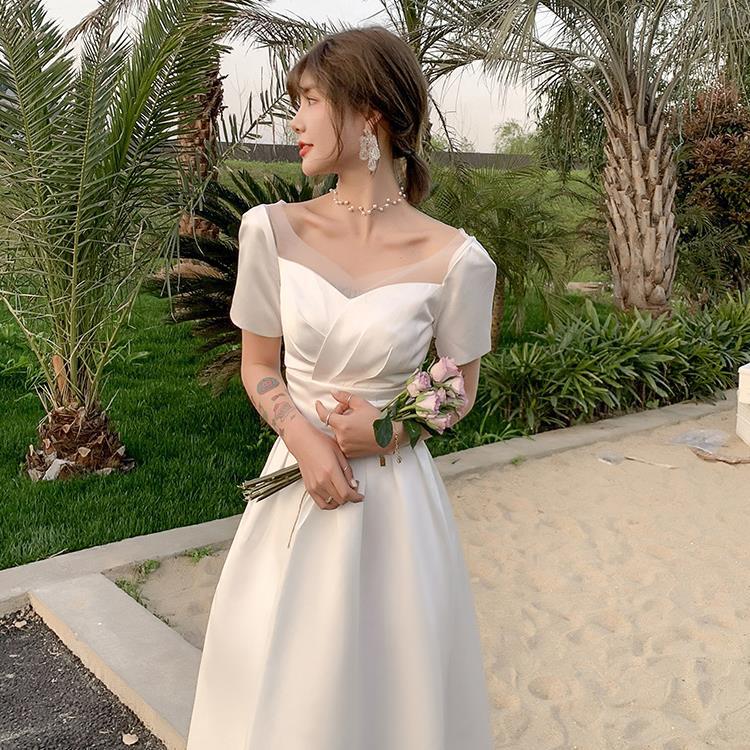 VSKKV Satin Wedding Dress  New Elegant  Light Wedding Dress Simple Trip Shoot White Wedding Dress Daily Style Women