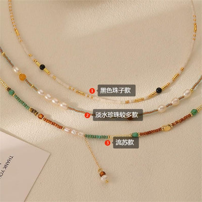 vakkv  New Niche Twin Small Rice-Shaped Beads Colorful Beaded Necklace for Women Versatility, Fashion and Personality Freshwater Pearl Necklace Wholesale