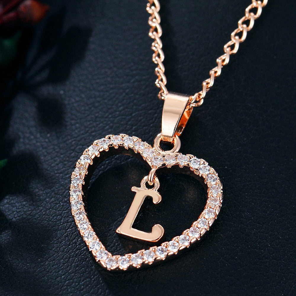 In Stock Direct Selling Exclusive for Cross-Border Letter Necklace 26 Letter Heart-Shaped Zircon Necklace Jewelry Love Heart Pendant Necklace