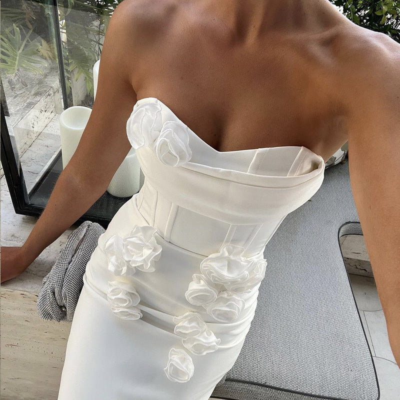 Amazon AliExpress cross-border white strapless flower sexy socialite bandage long dress dress dress