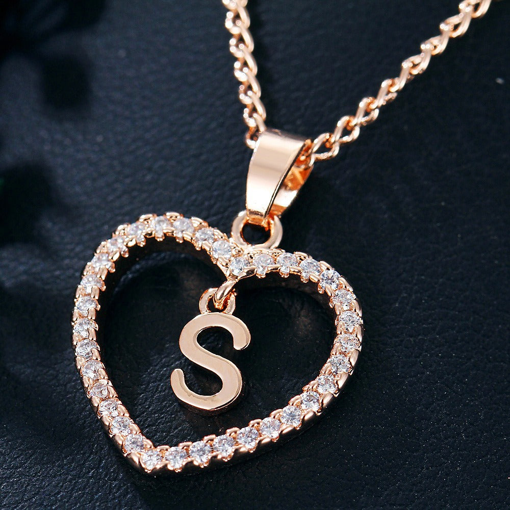 In Stock Direct Selling Exclusive for Cross-Border Letter Necklace 26 Letter Heart-Shaped Zircon Necklace Jewelry Love Heart Pendant Necklace