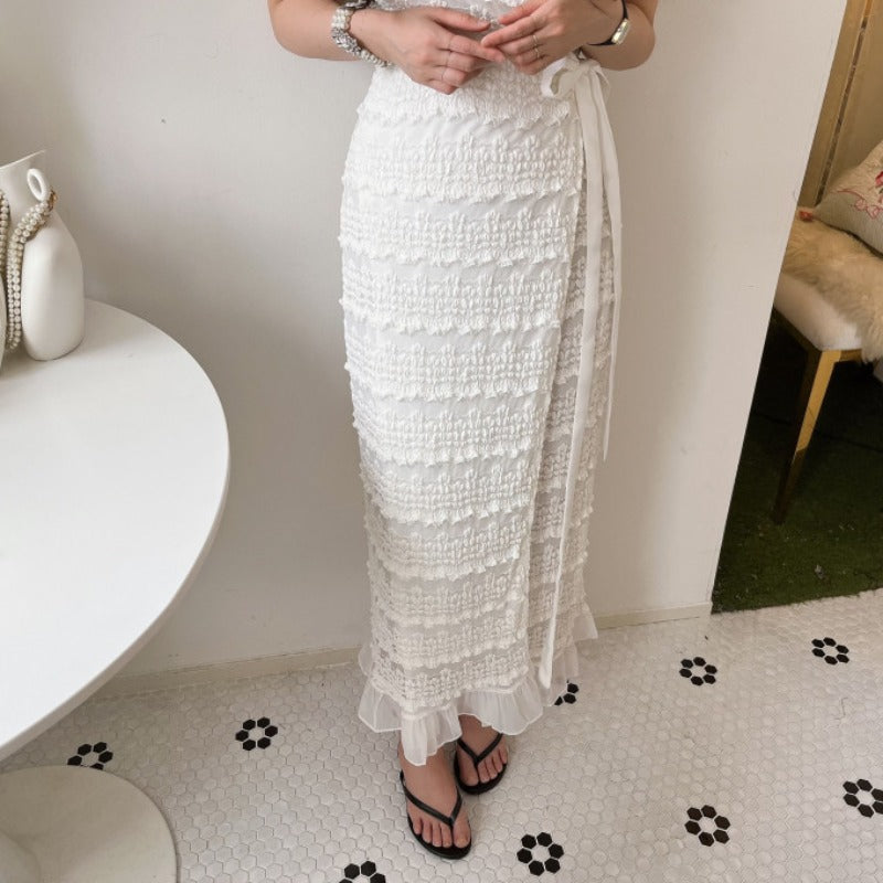 South Korea Chic One-Piece Lace Crochet Flying Sleeves Dress Female Summer Elegance V-neck Lace-up Waist-Slimming Long Dress