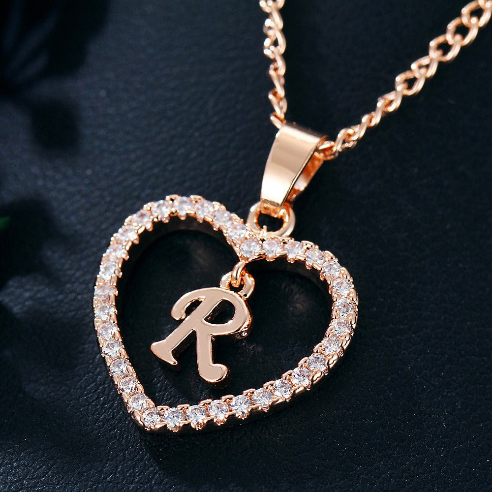 In Stock Direct Selling Exclusive for Cross-Border Letter Necklace 26 Letter Heart-Shaped Zircon Necklace Jewelry Love Heart Pendant Necklace