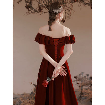 VAKKV  TOAST Clothing Bride off-Shoulder Velvet New Marriage Engagement Wine Red Dress Female Daily Style Wholesale