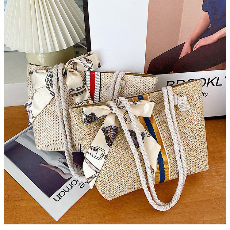 Manufacturer's Self-Produced Women's Bag Cross-Border New Arrival Color Stripes Straw Bag Fashion Cotton String Shoulder Tote Bag Vacation Beach Bag