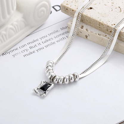 vakkv Chaosheng S925 Sterling Silver Double Layer Snake Bones Chain Irregular Square Inlaid Black Zircon Pendant Necklace Hip Hop Cool Net Red Style