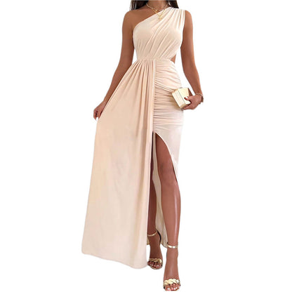 Shi Ying Summer New Solid Color Oblique Shoulder Dress, European and American Elegant One Shoulder Hollow Folded Split Waist Long Dress for Women
