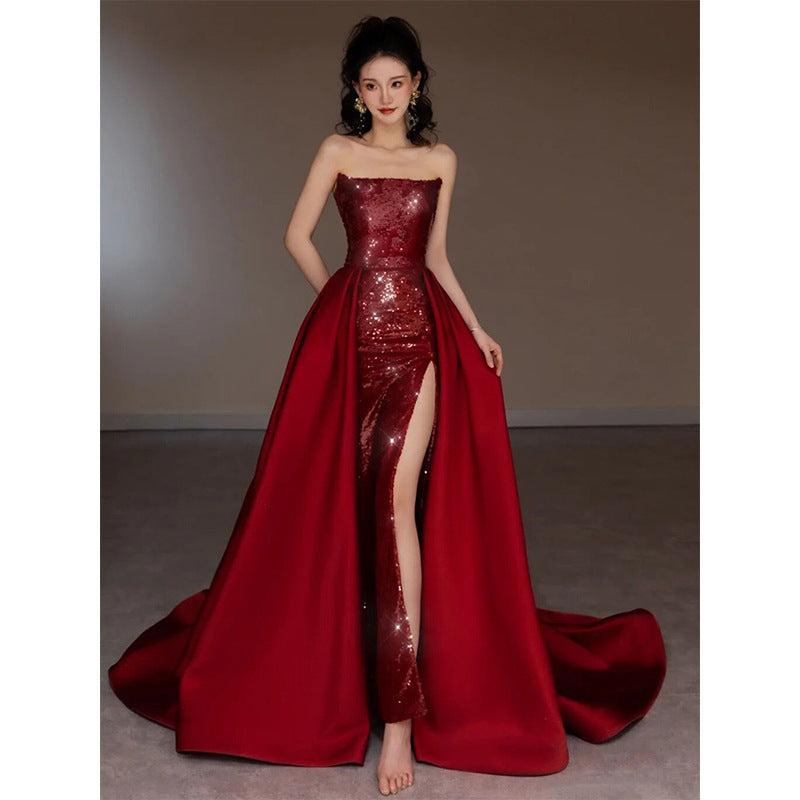 VSKKV Toast Dress Bride off-Shoulder Tube Top Wine Red Sequined Dress Host Party Trailing High Slit Long Dress