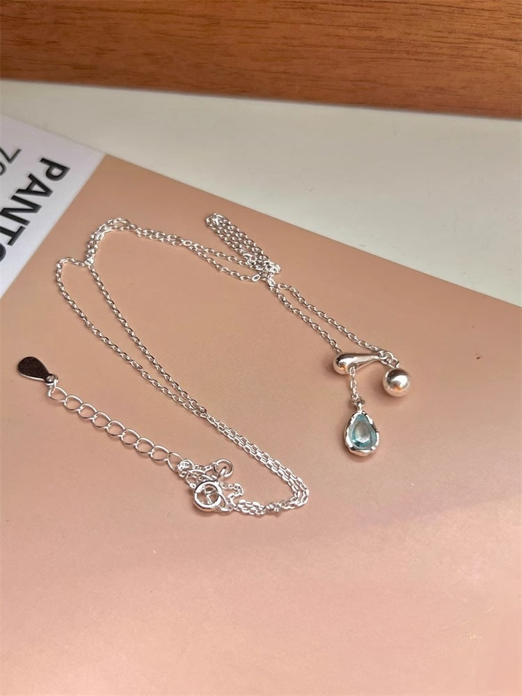 925 Sterling Silver Blue Water Drop Necklace Adjustable Clavicle Chain Instagram Mesh Red Blogger Silver Necklace