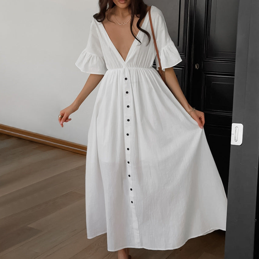 VAKKV 2025 new cotton and linen horn sleeves are comfortable and skin-friendly nightgowns for women's leisure and simple can be worn outside loungewear wholesale