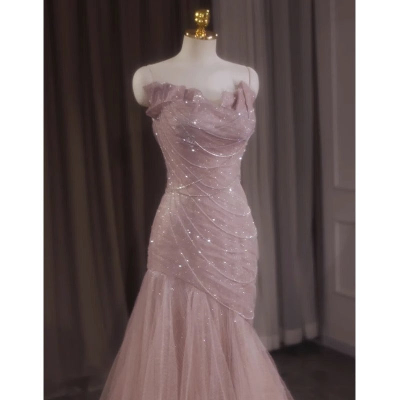 Style Evening Dress Women's Fishtail Trailing Light Luxury Pink Sling Fairy Host Long Adult Ceremony Engagement Dress