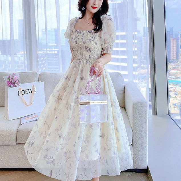 2024 Summer New  Ink Painting Puff Sleeve Waist Slimming Elegant Lady Floral Short Sleeve Dress Women