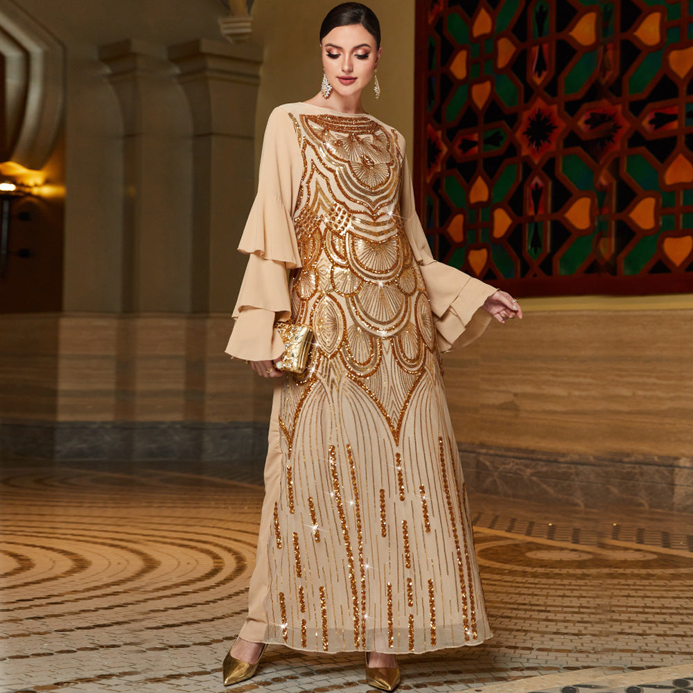 S009 gold multi-layer lotus leaf sleeve positioning sequined embroidered robe spot Amazon ins dress
