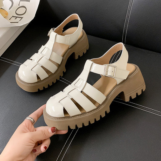 Authentic Leather Toe Box Roman Sandals  Summer New Shoes Thick High Heel Women's Shoes Retro Weaving Hollow Pitcher Plant Shoes