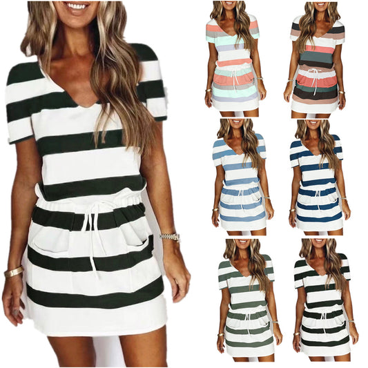 2024  European and American Hot Trade Summer New Women's Clothing  Hot Drawstring Short Sleeve Striped Dress