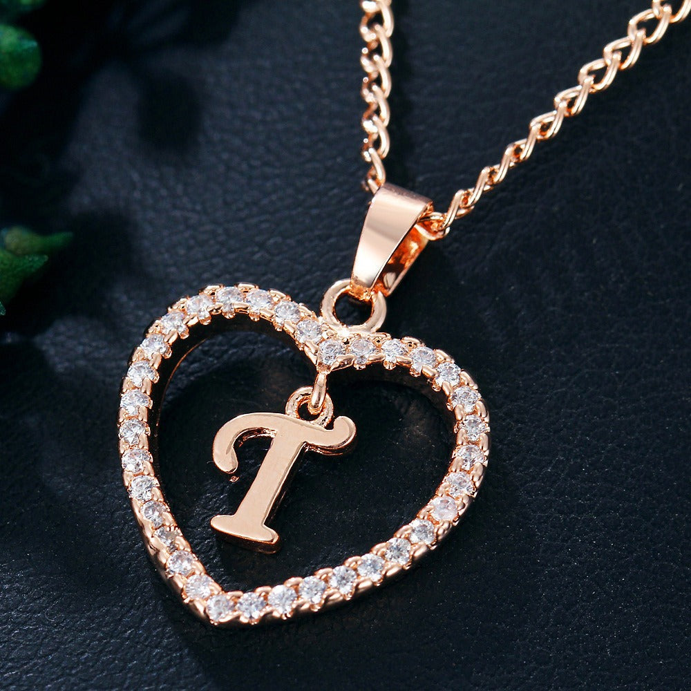 In Stock Direct Selling Exclusive for Cross-Border Letter Necklace 26 Letter Heart-Shaped Zircon Necklace Jewelry Love Heart Pendant Necklace