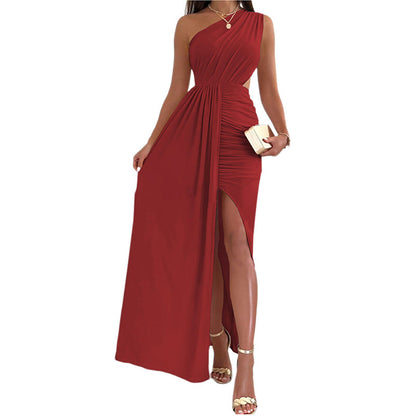 Shi Ying Summer New Solid Color Oblique Shoulder Dress, European and American Elegant One Shoulder Hollow Folded Split Waist Long Dress for Women