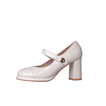 636-3  Vintage Mary Jane Shoes Women's  New Style White Low-Cut Chunky Heel Buckle High Heel Pumps