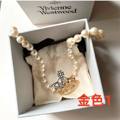 vakkv  Ouyang Nana Same Style Xiempress Saturn Pearl Necklace Punk Atmospheric Clavicle Chain Sweet Cool Hot Girl Style Ornament