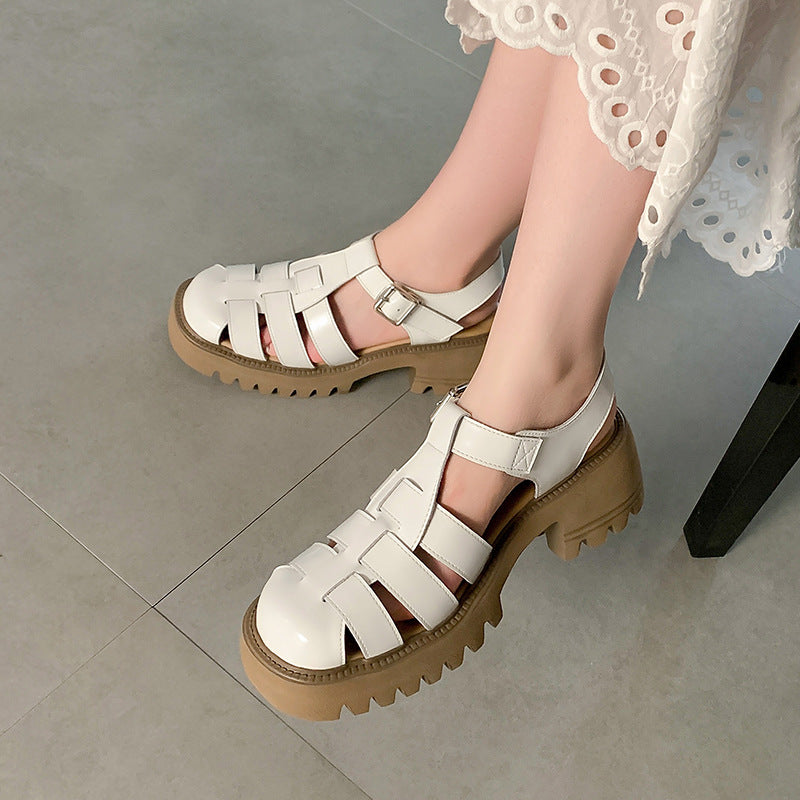 Authentic Leather Toe Box Roman Sandals  Summer New Shoes Thick High Heel Women's Shoes Retro Weaving Hollow Pitcher Plant Shoes