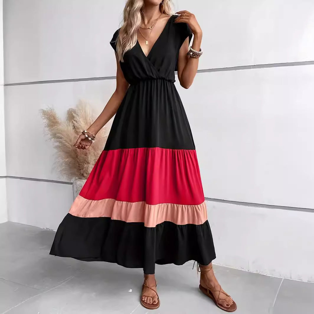 2024 New Color Block Pleated V-neck Dress Casual Polo Collar Cover Sleeve Dress  Hot Summer