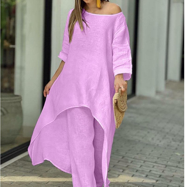 European and American New Women's Clothing Cotton and Linen Fashion Casual plus Size Irregular Long Sleeve Suit Wide Leg Pants Two-Piece Set