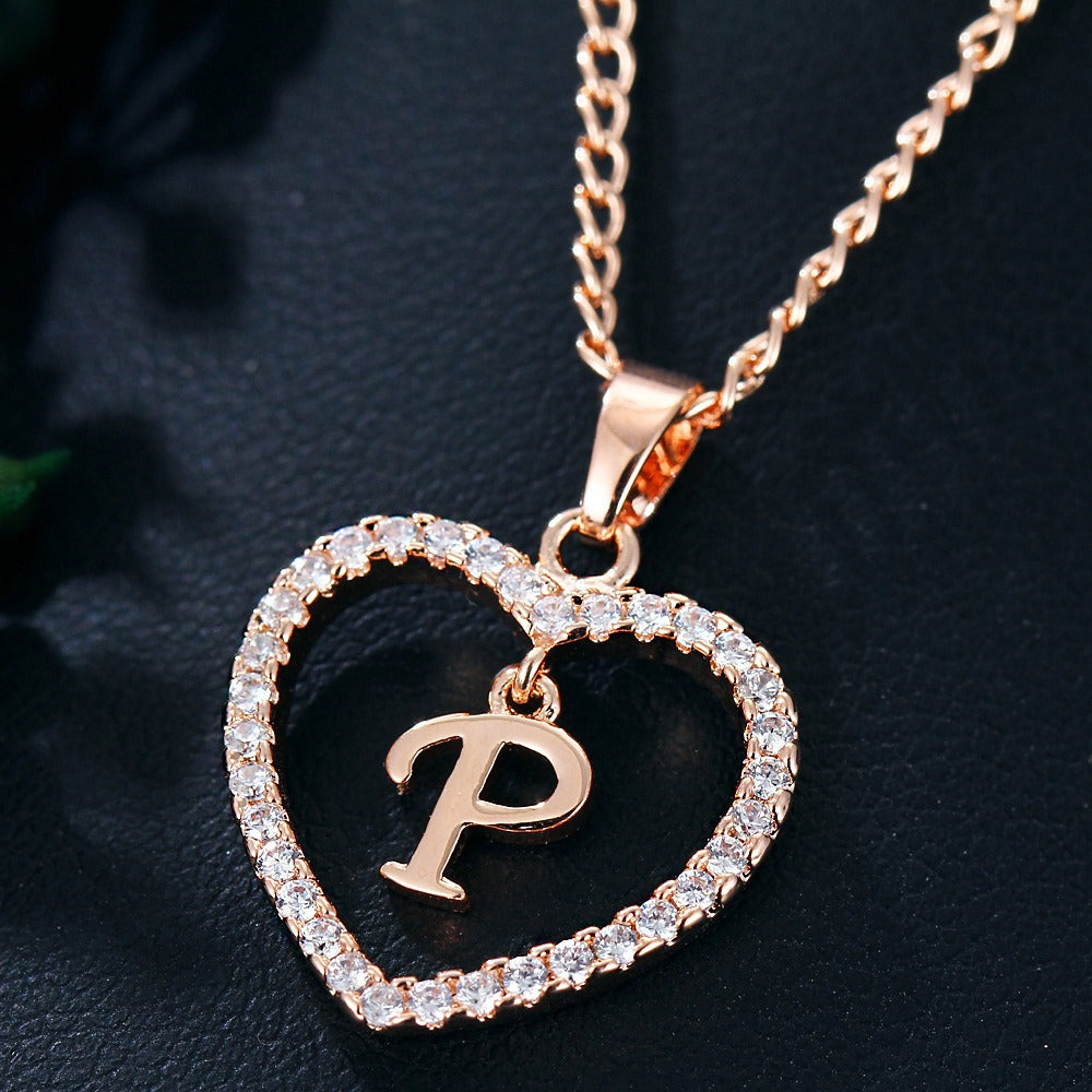 In Stock Direct Selling Exclusive for Cross-Border Letter Necklace 26 Letter Heart-Shaped Zircon Necklace Jewelry Love Heart Pendant Necklace